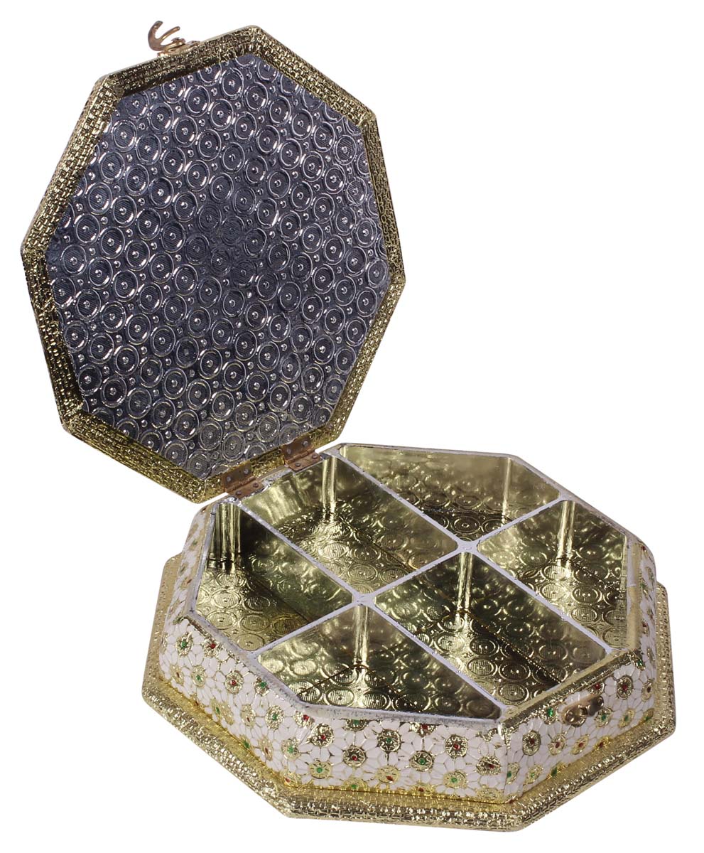 11.5” Spice Container / Dry-Fruit Holder / Tea Box in Brass & Aluminum Sheet - Octagonal Antique-Look Box with Metal Work - Dining Table / Kitchen Essentials - Buy in Bulk Wholesale